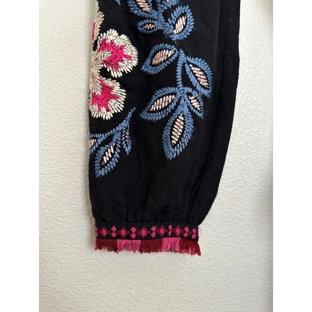 Tory Burch Therese Tunic Dress Embroidered Belted Black V-Neck Cotton Women's 2